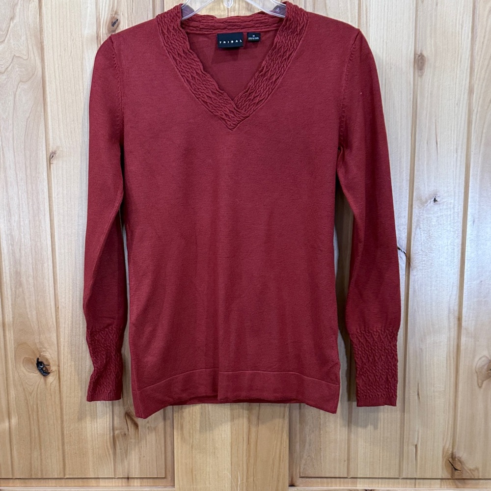 Tribal Deep Red V-Neck Sweater